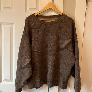 Dairy Boy woodland camo crewneck sweatshirt with light pink lettering large